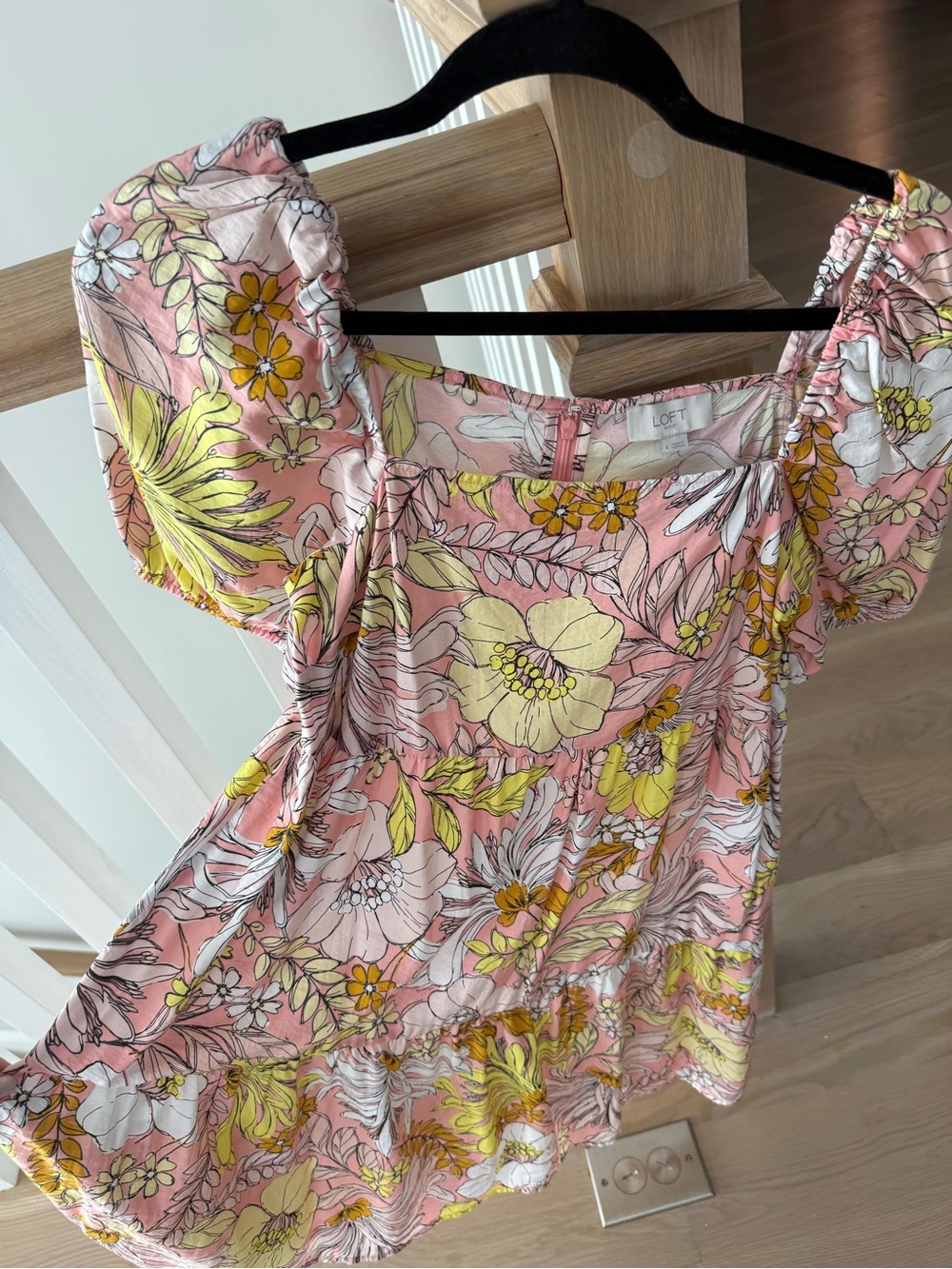 LOFT Pink Yellow Floral Puff Sleeve Dress